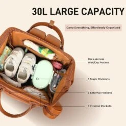 Itopfox Vegan Leather Diaper Backpack With Waterproof Changing Pad, Reinforced Stitching & Zippers, Ergonomic Design For Traveling Moms, Brown -Kid's Home GUEST b59de17d aa08 47d6 9ad2 692061a697e6