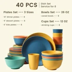 Itopfox 40-Piece Premium Wheat Straw Dinnerware Set, Service For 8, Unbreakable Plates & Bowls, Dishwasher & Microwave Safe, Eco-Friendly Kitchenware