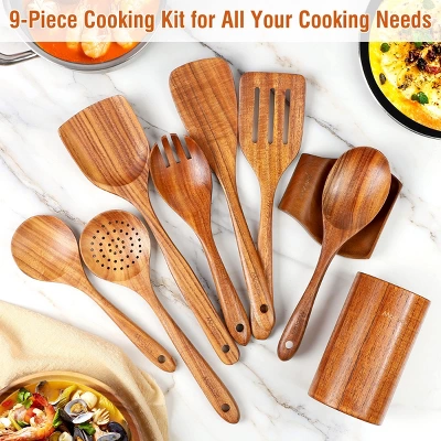 Itopfox 9-Piece Teak Wooden Kitchen Utensil Set With Spoon Rest, Comfort Grip Cooking Spoons & Utensil Holder For Easy Storage 3 Itopfox 9-Piece Teak Wooden Kitchen Utensil Set With Spoon Rest, Comfort Grip Cooking Spoons & Utensil Holder For Easy Storage - Image 3