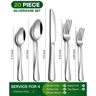 Itopfox 20-Piece Stainless Steel Flatware Set For 4, Mirror Polished Cutlery Utensil Set With Knife Fork Spoon Dishwasher Safe For Home & Restaurant 1 Itopfox 20-Piece Stainless Steel Flatware Set For 4, Mirror Polished Cutlery Utensil Set With Knife Fork Spoon Dishwasher Safe For Home & Restaurant