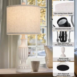 Itopfox Farmhouse Table Lamps Set Of 2, White Rustic Vintage For Living Room Bedroom, Antique Bedside Desk Lamps With Linen Shade, Traditional Resin -Kid's Home GUEST bc41c52e c6a8 4ece 8a76 266ba67b57c5