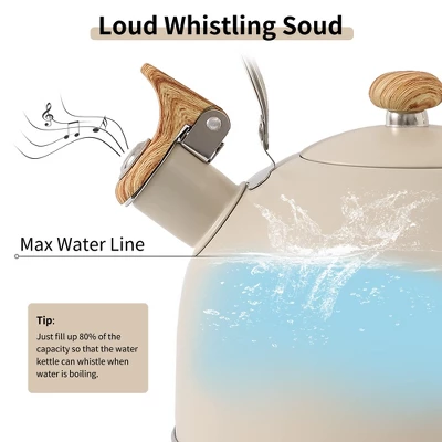 Itopfox Stovetop Tea Kettle With Whistling Feature, 2.5 Quart Capacity, Food-Grade Stainless Steel Construction, Wooden Handle, Creamy White Finish 1 Itopfox Stovetop Tea Kettle With Whistling Feature, 2.5 Quart Capacity, Food-Grade Stainless Steel Construction, Wooden Handle, Creamy White Finish