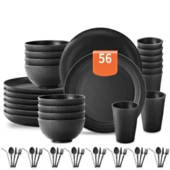 Itopfox 56-Piece Black Wheat Straw Dinnerware Set, Unbreakable Plates, Bowls, Cups & Utensils, Microwave & Dishwasher Safe, Reusable For Home, Office -Kid's Home GUEST ccb5f874 6913 480f a561 bb46786412f9