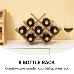 Itopfox 8-Bottle Countertop Wine Rack, Wooden 3-Tier Wine Bottle Holder For Bar Table, Wine Cabinet, Free Standing Display And Storage Shelves Brown