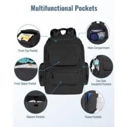 Itopfox Multifunctional Diaper Backpack With Insulated Pockets, Water Resistant Baby Bag For Men & Women, Stroller Straps, Black -Kid's Home GUEST d04cbda5 21b9 4765 be44 e77fc7b9d9f6