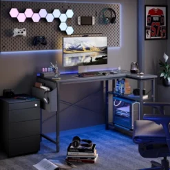 Itopfox L-Shaped Computer Desk With Power Outlets, Reversible Shelves, Gaming & Study Writing Table For Home Office, Bedroom, Living Room, Black