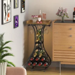 Itopfox Freestanding Wine Rack With Wood Tabletop & Glass Holder, Mini Bar Table For 14 Bottles, Space-Saving Floor Stand For Kitchen, Living Room -Kid's Home GUEST d43342e2 dfe5 4f37 b2a3 fd54ce542f62