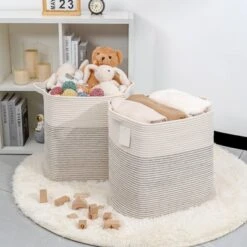 Itopfox Fabric Cotton Rope Storage Basket With Handles, Decorative Woven Basket For Living Room, Closet Organizer For Blankets, Toys, Laundry -Kid's Home GUEST d5984a3c f4a2 4403 b02f 74255592f7f7