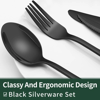 Itopfox 24-Piece Black Silverware Set With Steak Knives, Flatware Set For 4, Food-Grade Stainless Steel Tableware Cutlery Set Mirror Finished Utensil 2 Itopfox 24-Piece Black Silverware Set With Steak Knives, Flatware Set For 4, Food-Grade Stainless Steel Tableware Cutlery Set Mirror Finished Utensil - Image 2