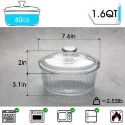 Itopfox Round Glass Casserole Dish With Lid, Borosilicate Oven Safe Bakeware For Cooking, Baking & Serving