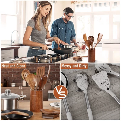 Itopfox 9-Piece Teak Wooden Kitchen Utensil Set With Spoon Rest, Comfort Grip Cooking Spoons & Utensil Holder For Easy Storage 2 Itopfox 9-Piece Teak Wooden Kitchen Utensil Set With Spoon Rest, Comfort Grip Cooking Spoons & Utensil Holder For Easy Storage - Image 2