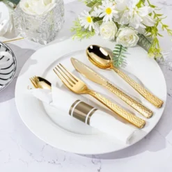 Itopfox 100-Pack Gold Plastic Silverware Set Disposable Cutlery With Forks, Knives, Spoons & Napkins, Elegant & Durable For Parties, Events, Banquets -Kid's Home GUEST d9eea2f4 dd8d 4134 8493 f08c76602144