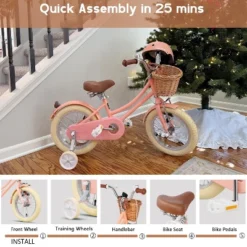 Itopfox Retro Cruiser Girls Bike For Children Ages 3-5 Years Old, Kids Bicycle With Wicker Basket & Training Wheels, Peach -Kid's Home GUEST dc6e5fd1 ba26 42a8 b3a8 8ab47fb4c312