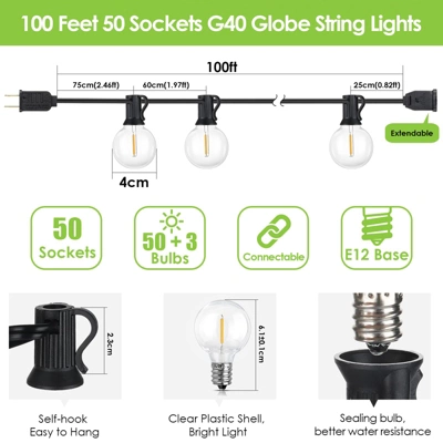 Itopfox 100Ft LED Outdoor String Lights, Dimmable Patio Lights, Waterproof Shatterproof G40 Globe Bulb String For Backyard Bistro 4 Itopfox 100Ft LED Outdoor String Lights, Dimmable Patio Lights, Waterproof Shatterproof G40 Globe Bulb String For Backyard Bistro - Image 4