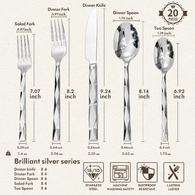 Itopfox Luxury 20-Piece Flatware Set For 4, 18/10 Stainless Steel Cutlery With Diamond Cut Design, Mirror Polished, Dishwasher Safe For Home, Wedding 1 Itopfox Luxury 20-Piece Flatware Set For 4, 18/10 Stainless Steel Cutlery With Diamond Cut Design, Mirror Polished, Dishwasher Safe For Home, Wedding