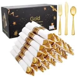 Itopfox 100-Pack Gold Plastic Cutlery Set With Napkins - Disposable Gold Utensils For Weddings, Parties, Thanksgiving - Includes Forks, Knives Spoons -Kid's Home GUEST dfdc6388 d214 4f91 b471 ce98ed995f9d