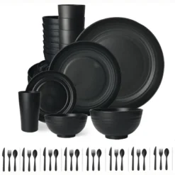 Itopfox 80-Piece Kitchen Plastic Wheat Straw Dinnerware Set, Includes Plates, Cups & Flatware, Dishwasher Safe, Unbreakable For Outdoor Use, Black -Kid's Home GUEST e004e4a4 9020 4b1f a669 0b543abf59cf