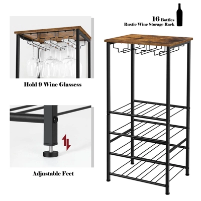 Itopfox Rustic Wine Rack Freestanding Floor, Wine Holder Stand With Storage Shelf For 16 Bottles, Kitchen Dining Room Office Bar Decor 3 Itopfox Rustic Wine Rack Freestanding Floor, Wine Holder Stand With Storage Shelf For 16 Bottles, Kitchen Dining Room Office Bar Decor - Image 3