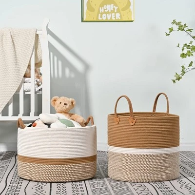 Itopfox Large Woven Storage Basket For Blankets, Laundry, Nursery, And Toys, Soft Cotton Rope Hamper For Living Room, Baby Toy Chest In White/Brown 6 Itopfox Large Woven Storage Basket For Blankets, Laundry, Nursery, And Toys, Soft Cotton Rope Hamper For Living Room, Baby Toy Chest In White/Brown - Image 6