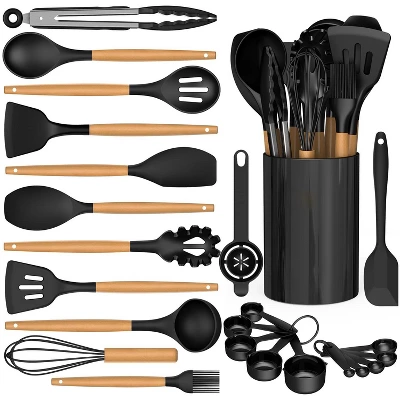 Itopfox Silicone Cooking Utensils Set With Wooden Handles, Heat Resistant Kitchen Tools For Non-Stick Cookware Includes Spatulas, Ladle, Whisk, Tongs 1 Itopfox Silicone Cooking Utensils Set With Wooden Handles, Heat Resistant Kitchen Tools For Non-Stick Cookware Includes Spatulas, Ladle, Whisk, Tongs