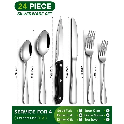 Itopfox 24-Piece Silverware Set With Steak Knives, Stainless Steel Flatware Set For 4, Includes Spoons, Knives, Dishwasher Safe For Home & Restaurant 1 Itopfox 24-Piece Silverware Set With Steak Knives, Stainless Steel Flatware Set For 4, Includes Spoons, Knives, Dishwasher Safe For Home & Restaurant
