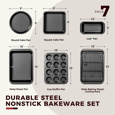 Itopfox 7-Piece Nonstick Bakeware Set With Round & Square Cake Pan, Loaf Pan, Muffin Pan, Cookie Sheet, Roast Pan, Cooling Rack 5 Itopfox 7-Piece Nonstick Bakeware Set With Round & Square Cake Pan, Loaf Pan, Muffin Pan, Cookie Sheet, Roast Pan, Cooling Rack - Image 5