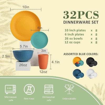 Itopfox Wheat Straw Dinnerware Set Of 32, Unbreakable Plates And Bowls For 8, Dishwasher Safe For Kitchen And Camping, Vibrant Series 1 Itopfox Wheat Straw Dinnerware Set Of 32, Unbreakable Plates And Bowls For 8, Dishwasher Safe For Kitchen And Camping, Vibrant Series
