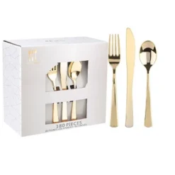 Itopfox 180-Piece Gold Plastic Cutlery Set - Disposable Flatware For Parties, Weddings, Thanksgiving - Includes Forks, Knives, Spoons -Kid's Home GUEST ef11b12a ce02 4fcb 9480 948397b66a4d