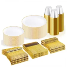 Itopfox 300PCS White And Gold Plastic Dinnerware Set For 50 Guests Includes Dinner Plates, Cake Plates, Cutlery, Cups For Wedding, Birthday -Kid's Home GUEST f3ed3056 384d 4f2b a2ff 8510b4b0c7b5