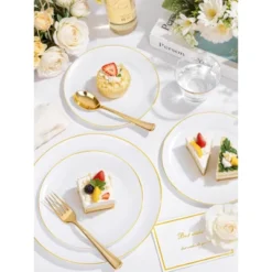 Itopfox 300PCS White And Gold Plastic Dinnerware Set For 50 Guests Includes Dinner Plates, Cake Plates, Cutlery, Cups For Wedding, Birthday -Kid's Home GUEST f637c31a 17ba 4337 822d ecd5f84fe0dc