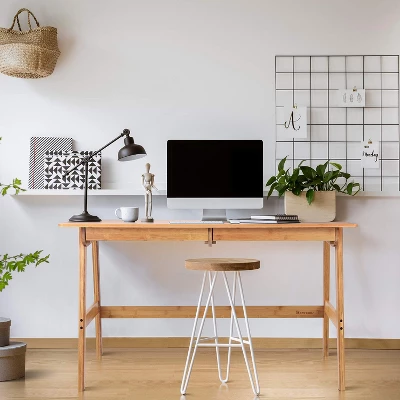 Itopfox Modern Bamboo Computer Desk With 2 Drawers, Home Office Study Table, Simple Makeup Workstation For Gaming, Dressing, And Working 2 Itopfox Modern Bamboo Computer Desk With 2 Drawers, Home Office Study Table, Simple Makeup Workstation For Gaming, Dressing, And Working - Image 2