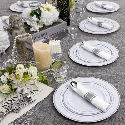 Itopfox Elegant Silver Plastic Dinnerware Set - Disposable Plates, Dessert Plates, Silver Rim Cups & Cutlery For Weddings, Parties - 50 Guest Service 4 Itopfox Elegant Silver Plastic Dinnerware Set - Disposable Plates, Dessert Plates, Silver Rim Cups & Cutlery For Weddings, Parties - 50 Guest Service - Image 4