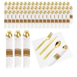 Itopfox 100-Pack Gold Plastic Silverware Set Disposable Cutlery With Forks, Knives, Spoons & Napkins, Elegant & Durable For Parties, Events, Banquets -Kid's Home GUEST f8e5e34a fca3 484f ab7f c42159388f70