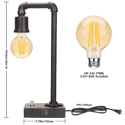 Itopfox Industrial Vintage Bedside Lamp With USB C/A Charging Ports, Dimmable Steampunk Office Lamp Metal Pipe Edison Reading Light For Bedroom, Dorm 4 Itopfox Industrial Vintage Bedside Lamp With USB C/A Charging Ports, Dimmable Steampunk Office Lamp Metal Pipe Edison Reading Light For Bedroom, Dorm - Image 4