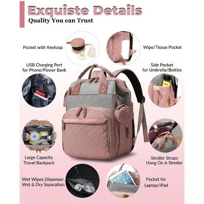 Itopfox Waterproof 3-in-1 Baby Diaper Backpack With Foldable Changing Pad, Large Capacity, USB Port, Pink-Grey 5 Itopfox Waterproof 3-in-1 Baby Diaper Backpack With Foldable Changing Pad, Large Capacity, USB Port, Pink-Grey - Image 5