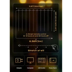 Itopfox 300 LED Fairy Curtain Lights With Remote, 8 Lighting Modes, USB Plug In, Warm White String Lights For Christmas Bedroom, Weddings, Dorm Decor