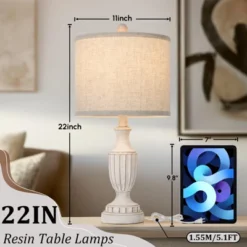 Itopfox Farmhouse Table Lamps Set Of 2, White Rustic Vintage For Living Room Bedroom, Antique Bedside Desk Lamps With Linen Shade, Traditional Resin