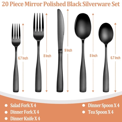 Itopfox 20-Piece Black Silverware Set For 4, Stainless Steel Flatware With Mirror Polish Square Cutlery Set For Kitchen, Fork, Spoon, Dishwasher Safe 1 Itopfox 20-Piece Black Silverware Set For 4, Stainless Steel Flatware With Mirror Polish Square Cutlery Set For Kitchen, Fork, Spoon, Dishwasher Safe