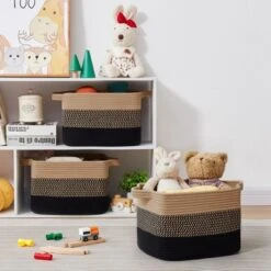 Itopfox Woven Storage Basket Set Of 3, Decorative Organizer Bins For Shelves, Closet, Toys, Books, Nursery - Black & Brown -Kid's Home GUEST ffb72c03 9b39 4aa4 b08a 1f13a6543349